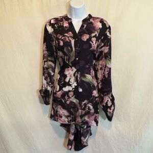 H-173 New Directions Black‎ Pink & Purple Floral Long Sleeve Blouse Size L
